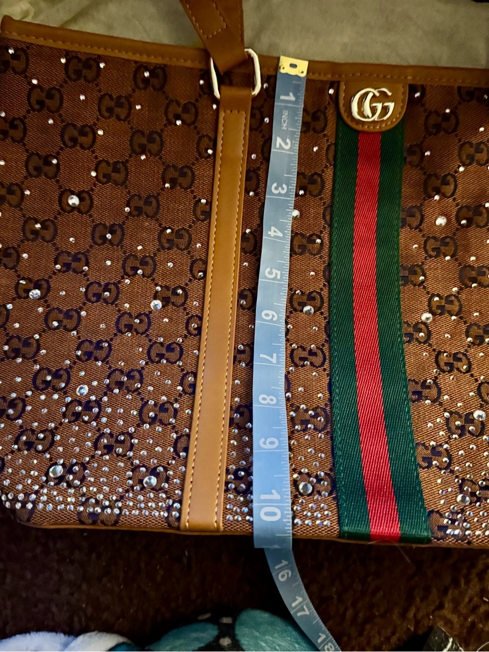 Brown Canvas Tote with Green and Red Web Stripe and Gold Hardware - Picture 4 of 10